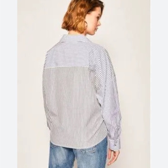 DKNY Womens Shirt Striped Faux Wrap top 100% Cotton Long Sleeve Size Large - Picture 4 of 10